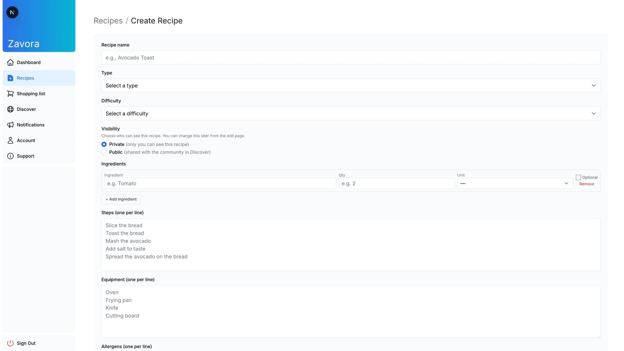 Zavora reusable ingredients and recipe planning tools